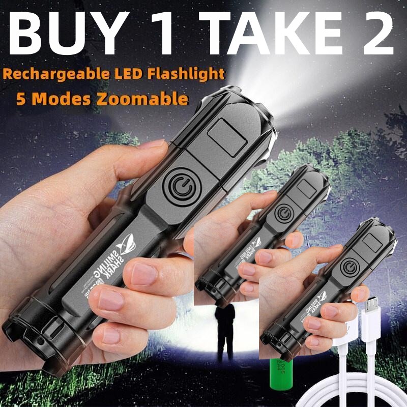 BUY 1 TAKE 2 Powerful Flashlight Rechargeable Tactical LED Flashlight Torch Lantern Power Bank Outdoor Ultra Bright Portable Light Flashlight 3 mode ABS zoom flashlight